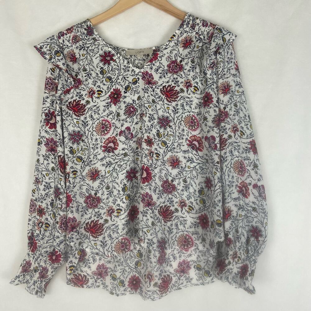 LOFT Women’s Tapestry Smocked Ruffle Blouse Size Medium - Picture 11 of 12
